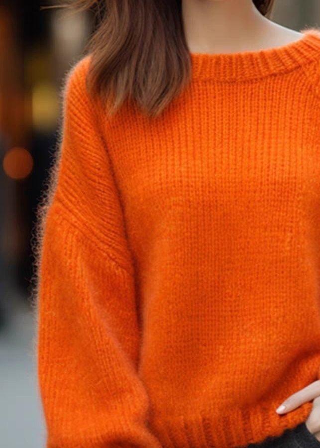 Simple Orange O Neck Solid Cozy Cotton Knit Sweaters Long Sleeve