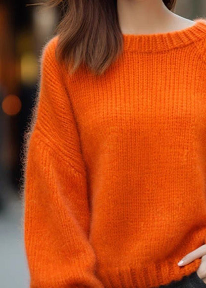 Simple Orange O Neck Solid Cozy Cotton Knit Sweaters Long Sleeve