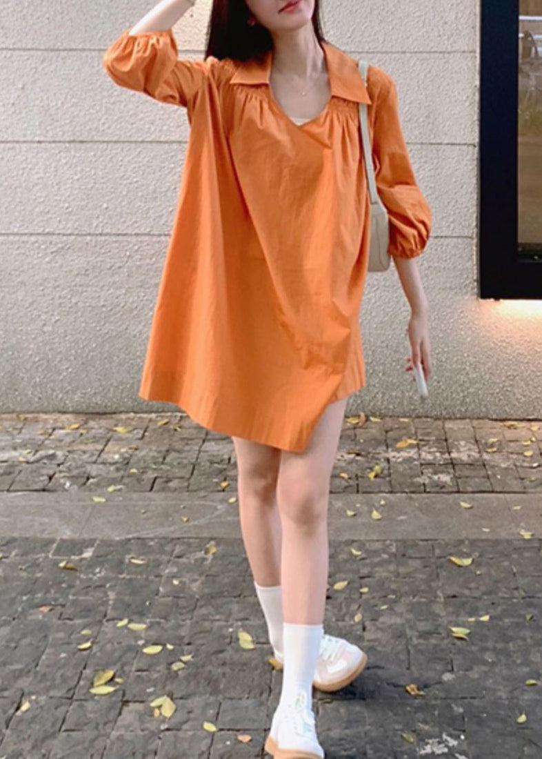 Simple Orange Peter Pan Collar Wrinkled Solid Cotton Shirts Dress Bracelet Sleeve