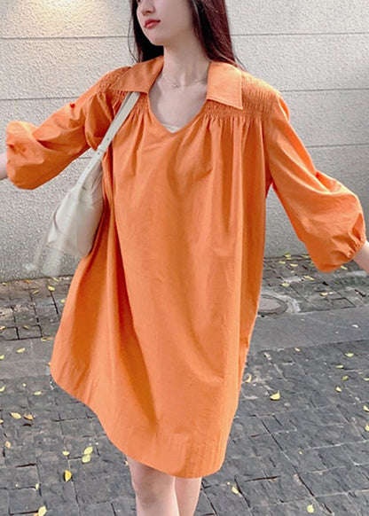 Simple Orange Peter Pan Collar Wrinkled Solid Cotton Shirts Dress Bracelet Sleeve