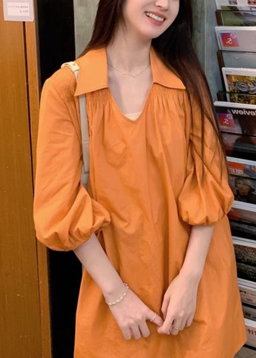 Simple Orange Peter Pan Collar Wrinkled Solid Cotton Shirts Dress Bracelet Sleeve