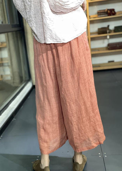 Simple Orange Pockets Elastic Waist Linen Wide Leg Pants Summer