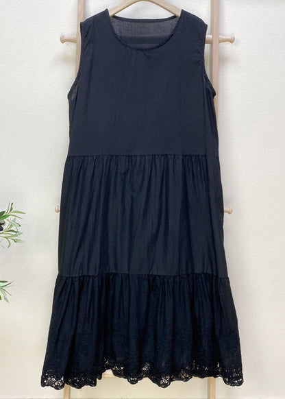 Simple Pink Embroideried Hollow Out Cotton Dress Sleeveless