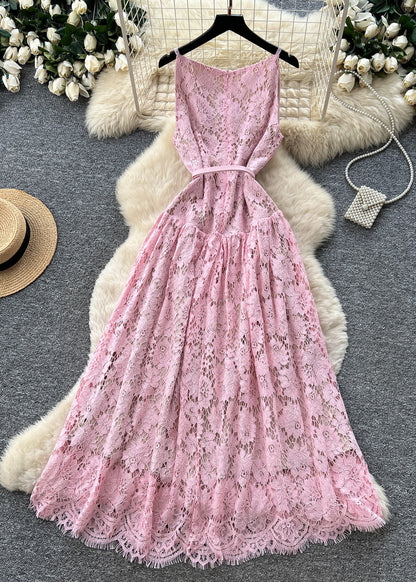 Simple Pink Exra Large Hem Lace Holiday Dress Summer