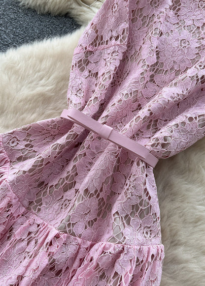 Simple Pink Exra Large Hem Lace Holiday Dress Summer
