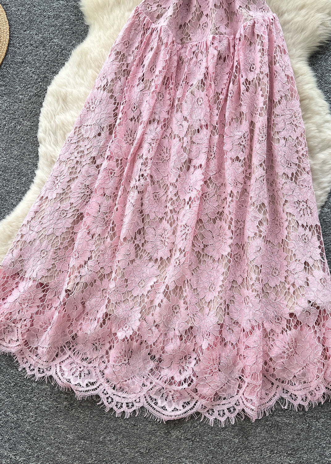 Simple Pink Exra Large Hem Lace Holiday Dress Summer