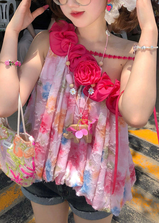 Simple Pink Floral One Shoulder Print Chiffon Tanks Sleeveless