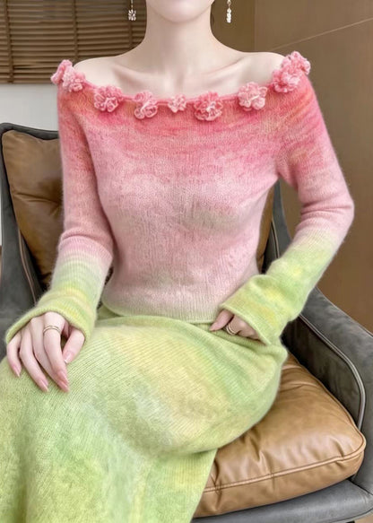 Simple Pink Gradient Slash Neck Floral Knit Knit Sweater Long Sleeve