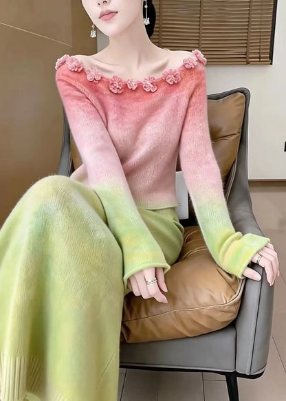 Simple Pink Gradient Slash Neck Floral Knit Knit Sweater Long Sleeve