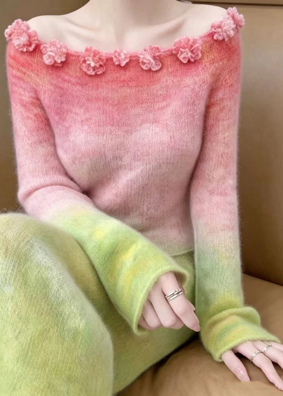 Simple Pink Gradient Slash Neck Floral Knit Knit Sweater Long Sleeve