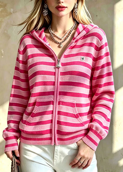 Simple Pink Hooded Striped Zip Up Knit Cardigan Fall