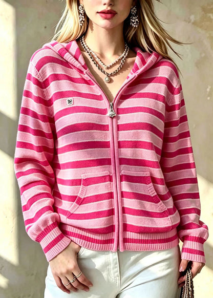 Simple Pink Hooded Striped Zip Up Knit Cardigan Fall