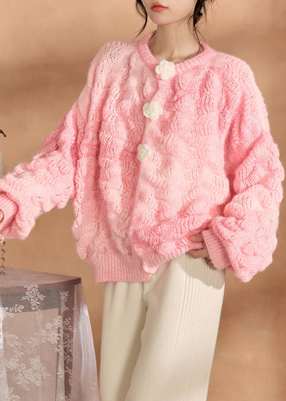 Simple Pink O Neck Floral Button Knit Cardigan Spring