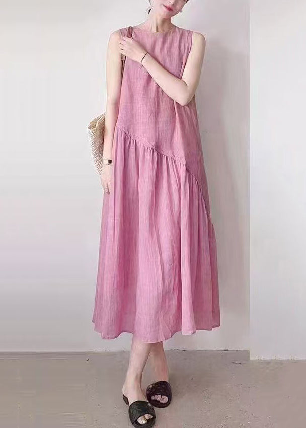 Simple Pink O Neck Pockets Wrinkled Cotton Long Dress Sleeveless