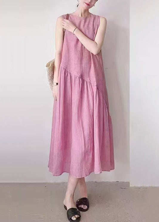 Simple Pink O Neck Pockets Wrinkled Cotton Long Dress Sleeveless