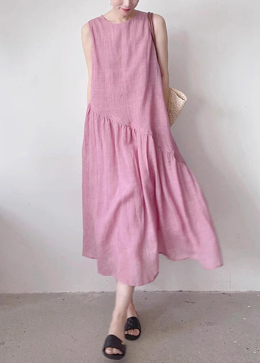 Simple Pink O Neck Pockets Wrinkled Cotton Long Dress Sleeveless