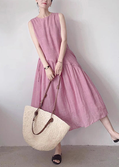 Simple Pink O Neck Pockets Wrinkled Cotton Long Dress Sleeveless