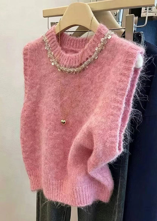 Simple Pink O-Neck Sequins Knit Pullover Waistcoat Sleeveless
