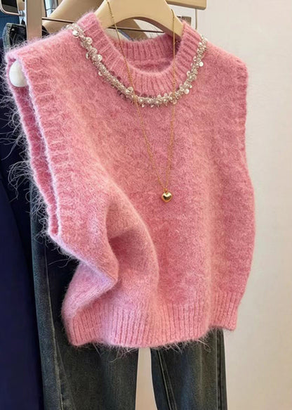 Simple Pink O-Neck Sequins Knit Pullover Waistcoat Sleeveless