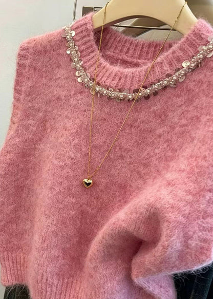 Simple Pink O-Neck Sequins Knit Pullover Waistcoat Sleeveless