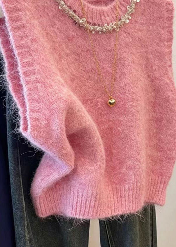 Simple Pink O-Neck Sequins Knit Pullover Waistcoat Sleeveless