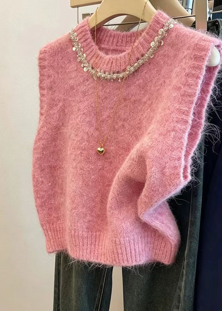 Simple Pink O-Neck Sequins Knit Pullover Waistcoat Sleeveless