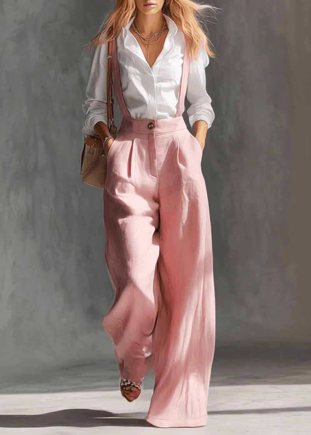 Simple Pink Oversized Pockets Cotton Wide Leg Pants Fall