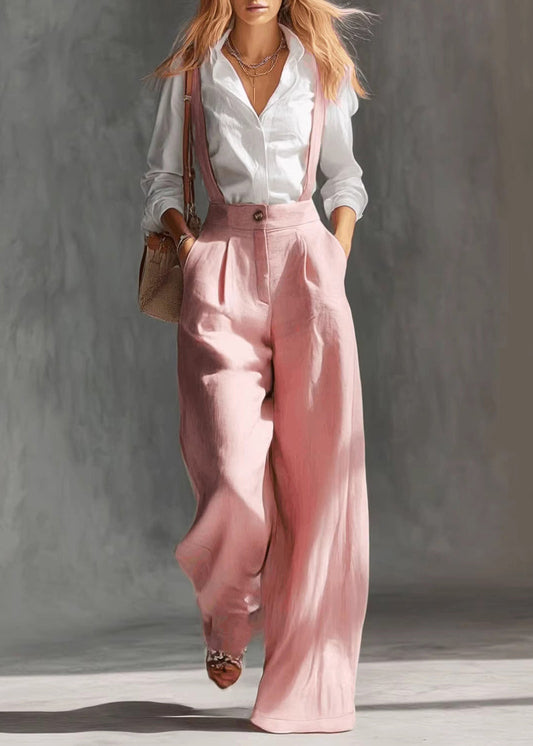 Simple Pink Oversized Pockets Cotton Wide Leg Pants Fall