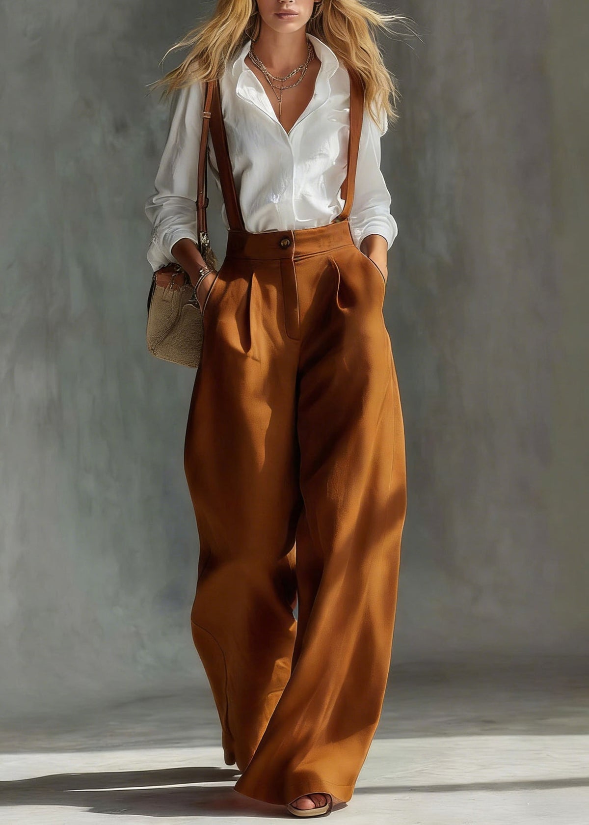 Simple Pink Oversized Pockets Cotton Wide Leg Pants Fall