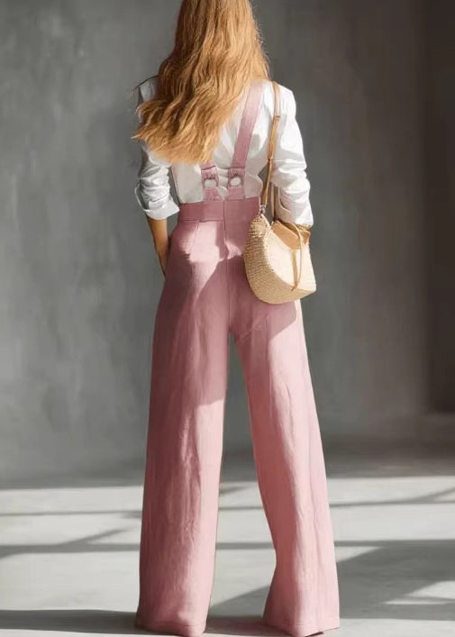 Simple Pink Oversized Pockets Cotton Wide Leg Pants Fall