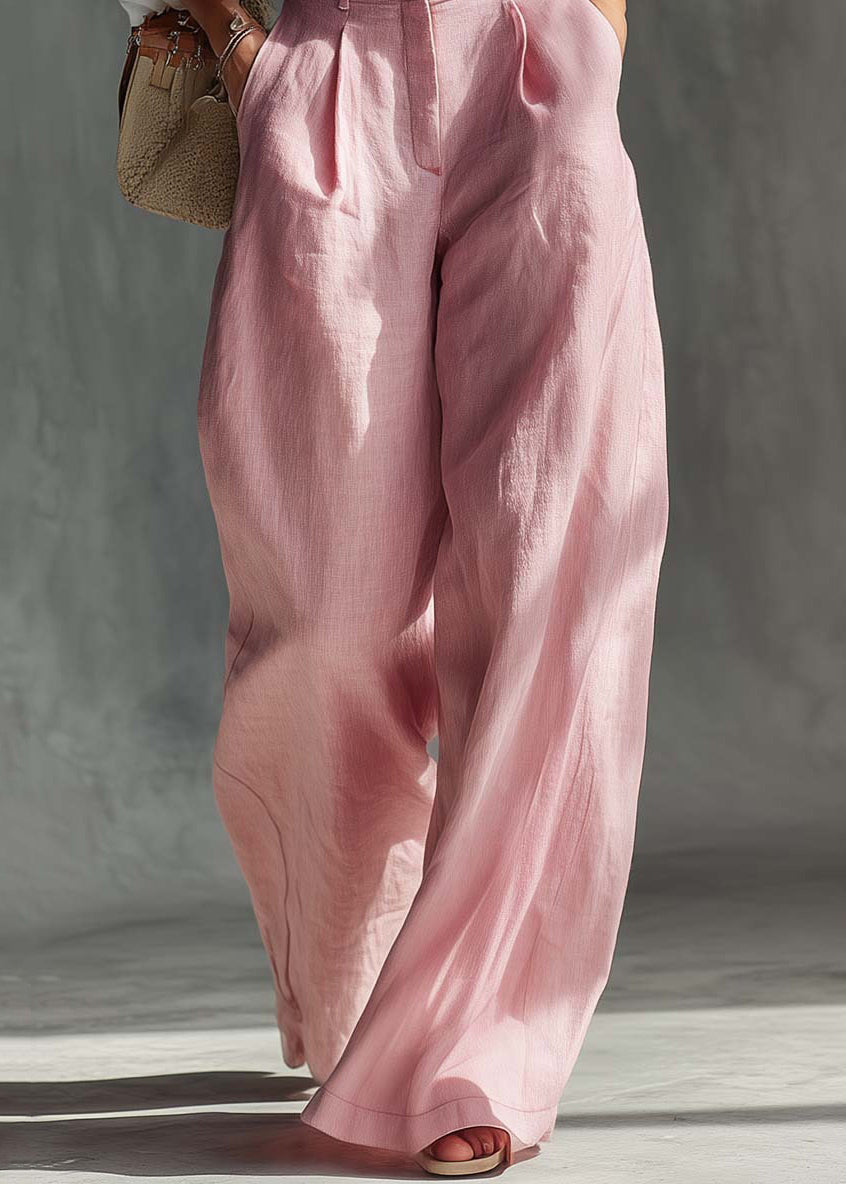 Simple Pink Oversized Pockets Cotton Wide Leg Pants Fall
