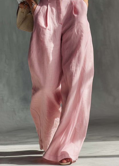 Simple Pink Oversized Pockets Cotton Wide Leg Pants Fall