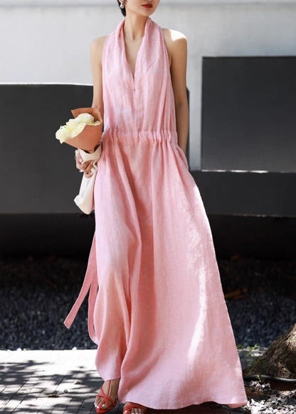 Simple Pink Pockets Tie Waist Linen Long Dresses Sleeveless