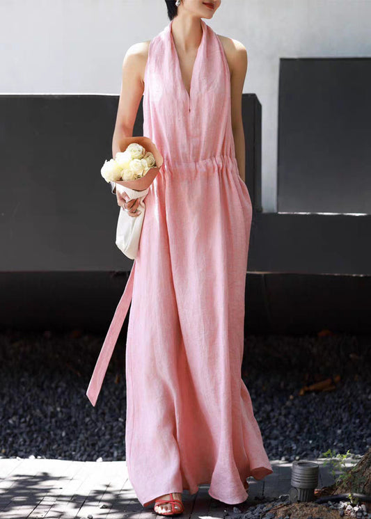 Simple Pink Pockets Tie Waist Linen Long Dresses Sleeveless