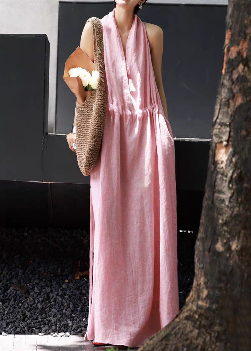 Simple Pink Pockets Tie Waist Linen Long Dresses Sleeveless