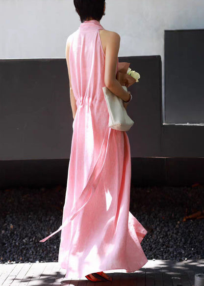Simple Pink Pockets Tie Waist Linen Long Dresses Sleeveless