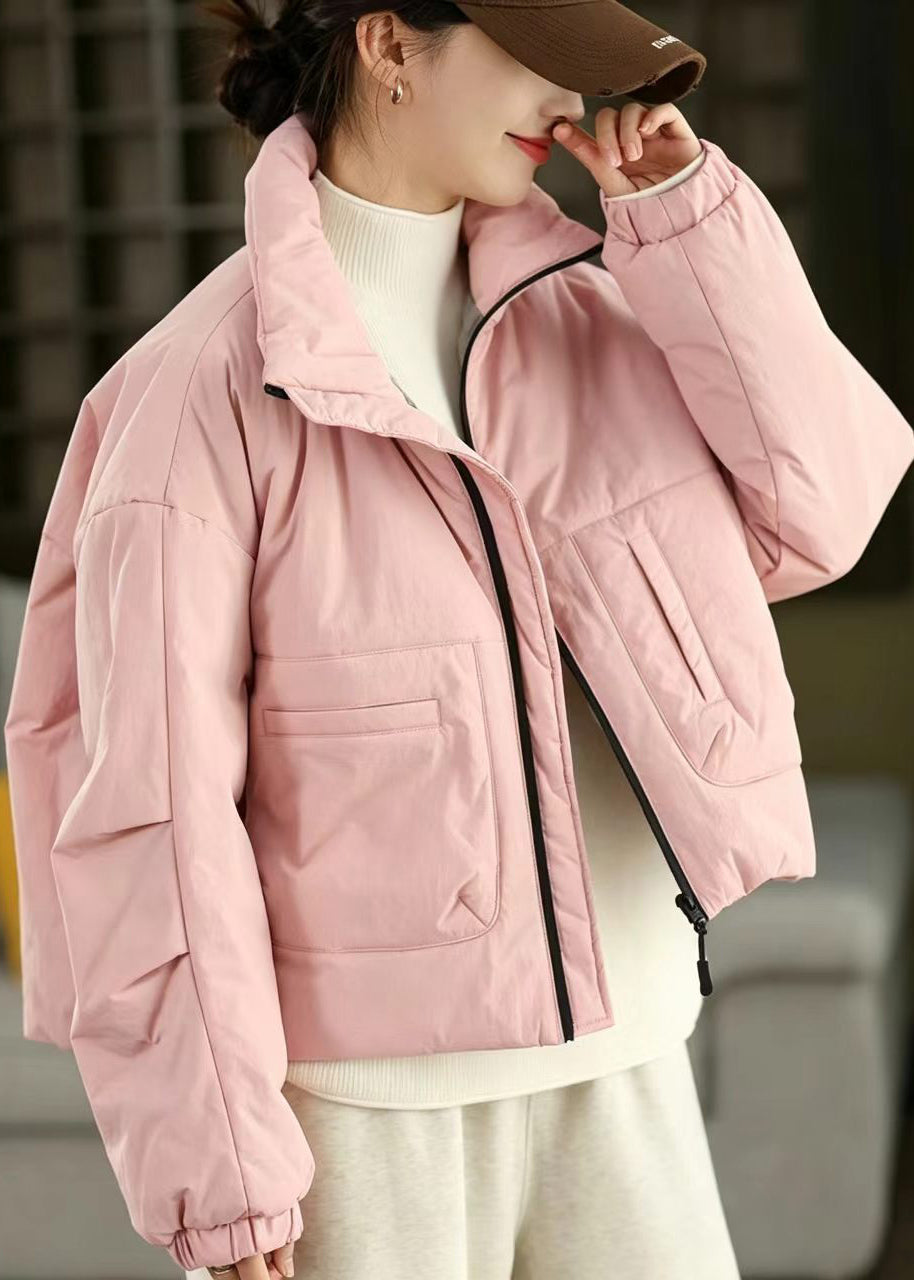 Simple Pink Stand Collar Pockets Cotton Filled Puffer Jacket Winter