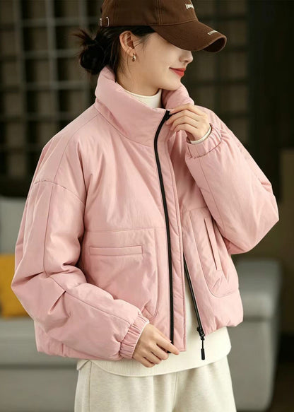 Simple Pink Stand Collar Pockets Cotton Filled Puffer Jacket Winter