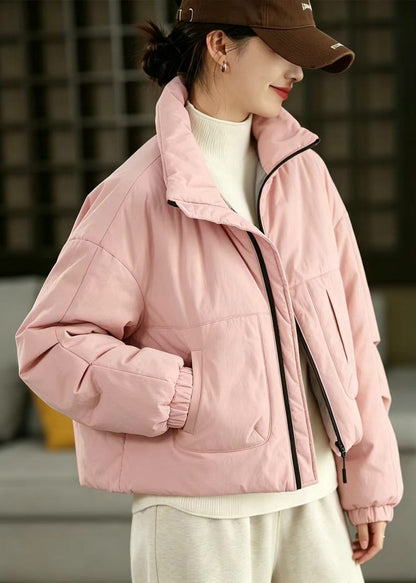 Simple Pink Stand Collar Pockets Cotton Filled Puffer Jacket Winter