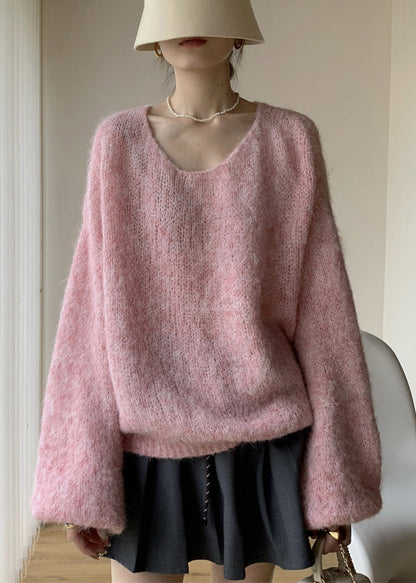 Simple Pink V Neck Cozy Cotton Knit Sweaters Spring