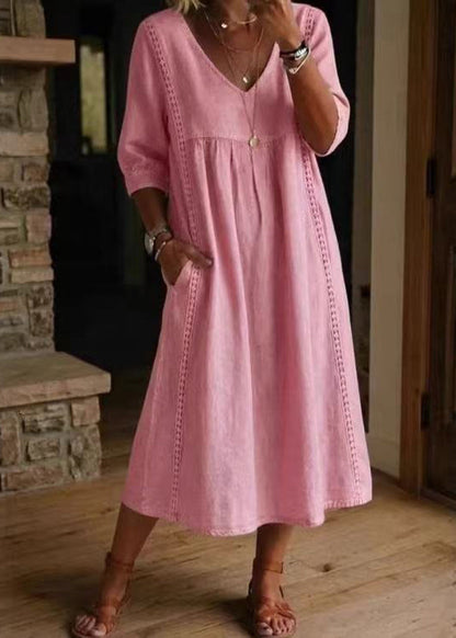 Simple Pink V Neck Patchwork Lace Dress Spring