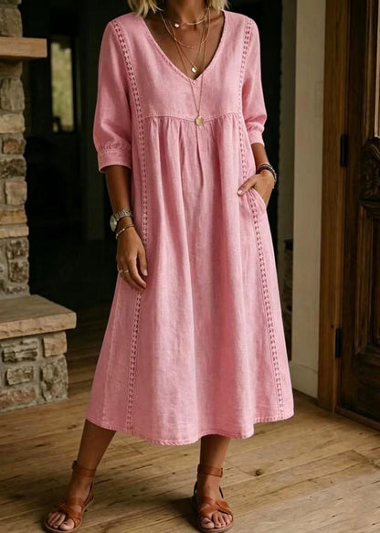 Simple Pink V Neck Patchwork Lace Dress Spring