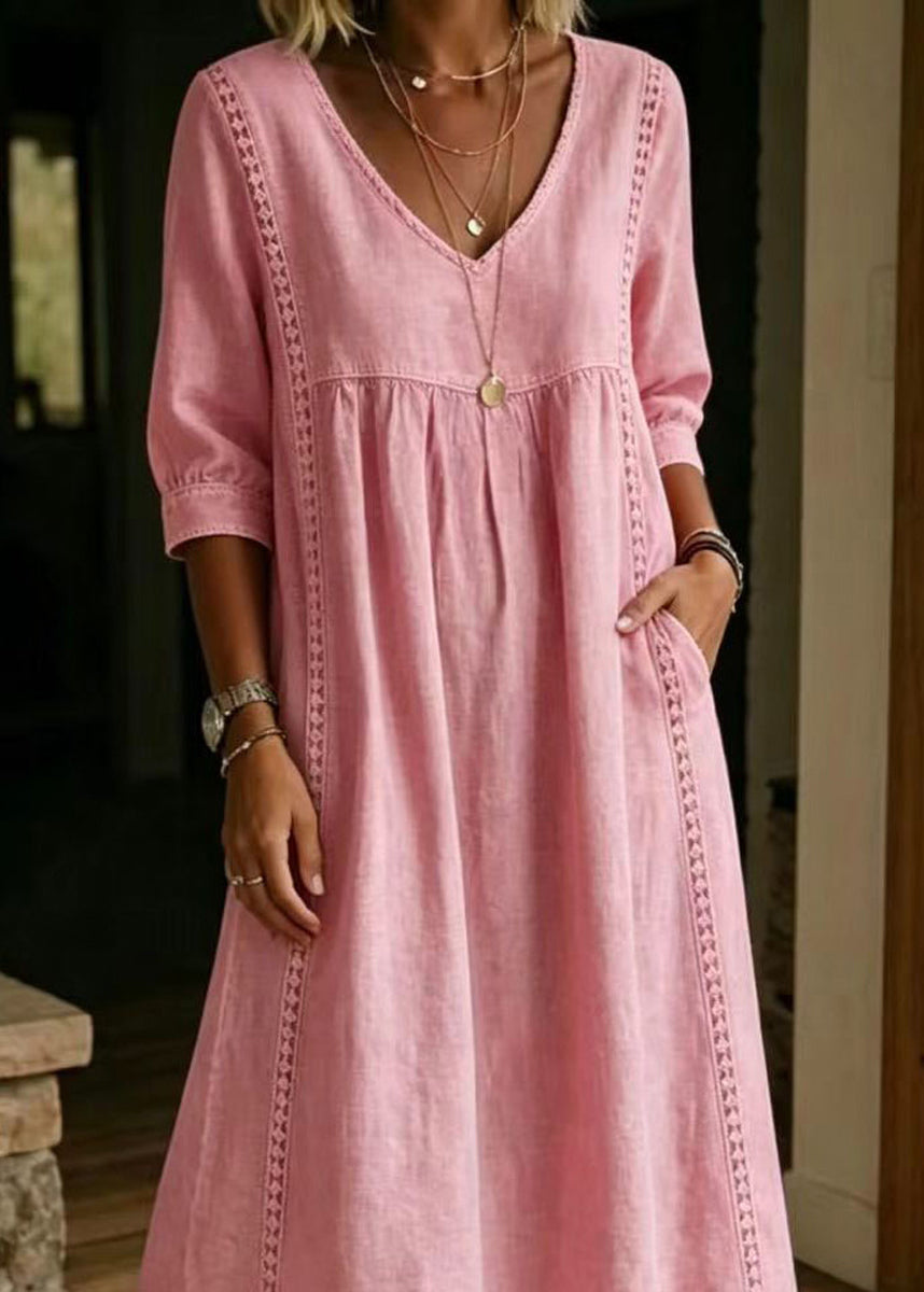 Simple Pink V Neck Patchwork Lace Dress Spring