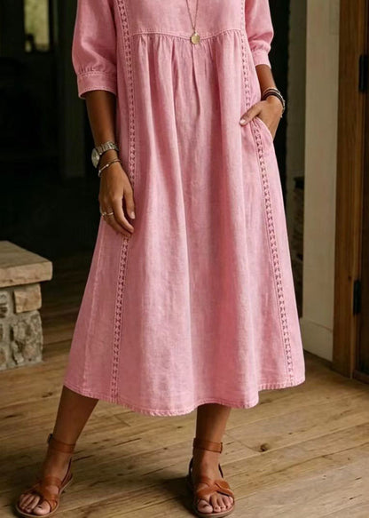 Simple Pink V Neck Patchwork Lace Dress Spring