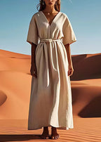Simple Plus Size Beige V Neck Tie Waist Linen Dresses Summer