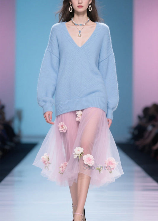 Simple Plus Size Blue V Neck Knit Sweaters Winter