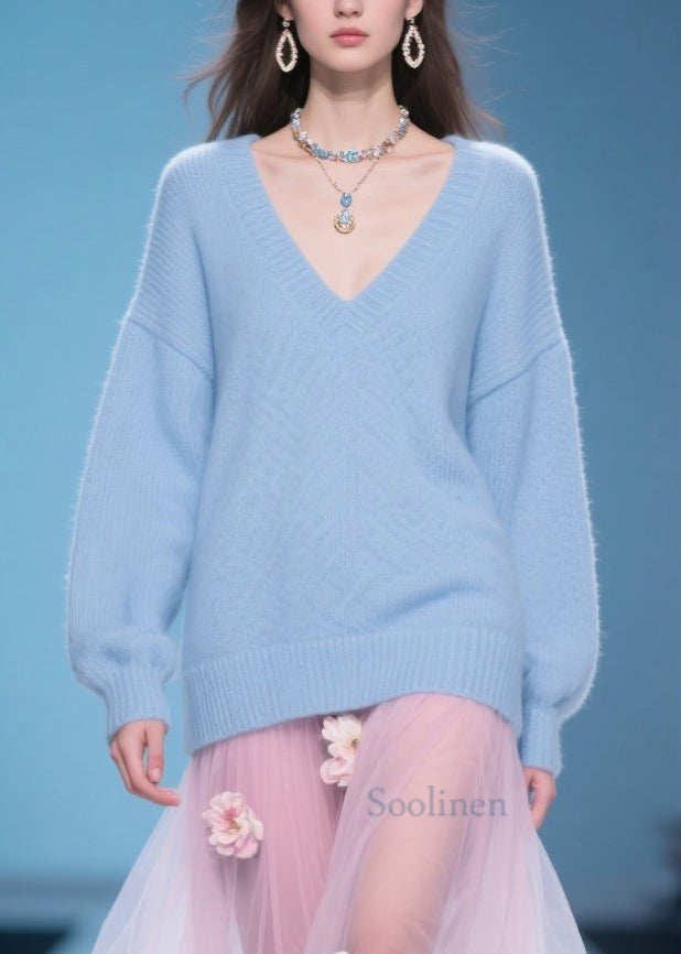 Simple Plus Size Blue V Neck Knit Sweaters Winter