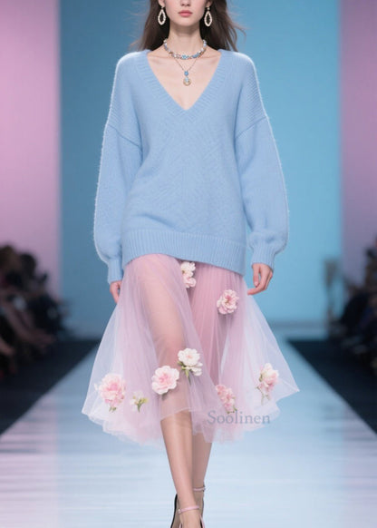 Simple Plus Size Blue V Neck Knit Sweaters Winter