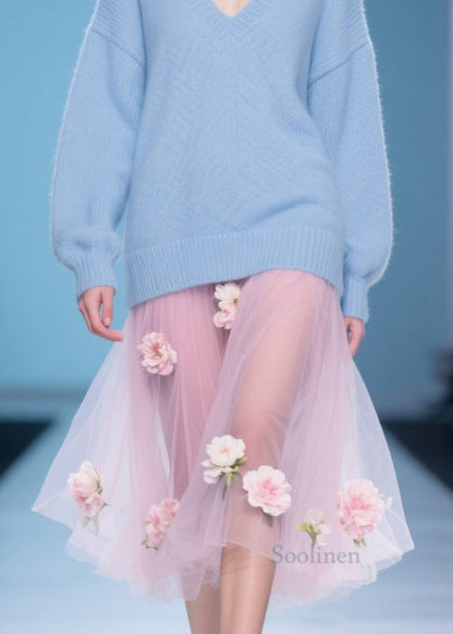 Simple Plus Size Blue V Neck Knit Sweaters Winter