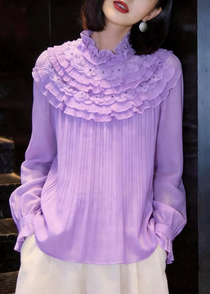 Simple Purple Mock Neck Nail Bead Layered Ruffled Chiffon Shirt Fall